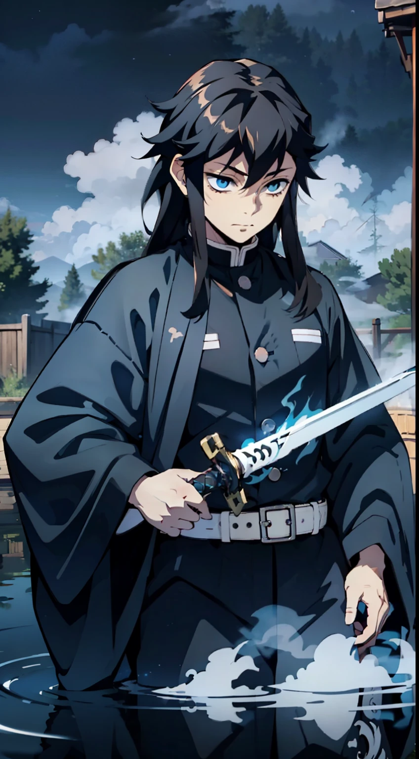 close up, ember, black hair, Ghost, Dark, gotik, ......................3d, Ultra Detailed, blue transparent smoke around, realistic style, Old Night Pond, full - body, Man in black robe, Tying your hair、Sword in hand.Kasumi、Fog in the background、haze in the background