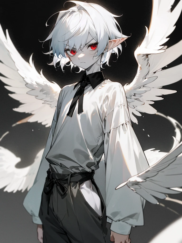 Masterpiece, Best Quality, hight resolution, cute boy, angelical, Loose clothing, Oversized clothing, DarkRed eyes, TITTIES, bags under the eyes and on the chest, dark circles under the eyes, Yami Kawai, Kemonomimi, fluffy hair, voluminous hair, Skinny, Slim, very Skinny, Androgyne, Cute, Creepy, Short hair, Horror, Blurred colors, White Skin Skin, Creepy, unnaturally thin, starving, Ao fundo, sharp eyes, TITTIES, long eyelashes, under the eyelashes, 独奏, wings, 1 small, wings, angel wings, angelical, Background, suit, white wings, Grayscale, closed mouth, Depth of Fel))), small waist, high detail, Detailed art style, (frown:1.3), Thick short hair, ragamuffin clothes, loose shorts, baggy shirt, full height, the perfect body, (1 boy:1.5), dnd, Bluish-white hair, dynamicpose, Burning eyes, long ears like an elf, perfect wing anatomy, ink drawing, 墨水
