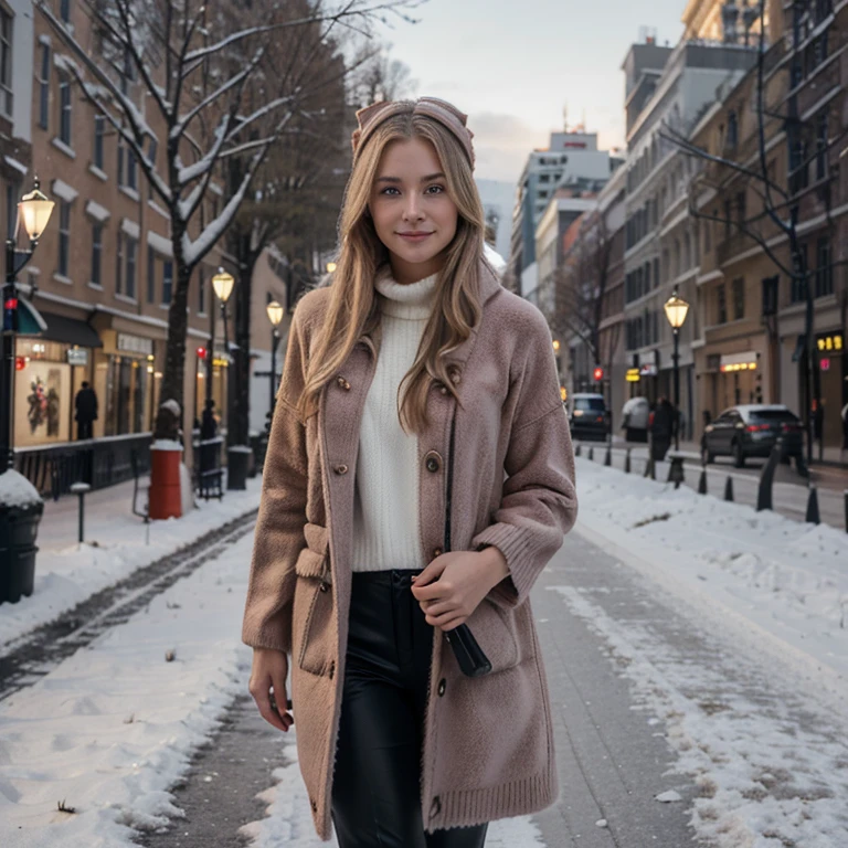 Nikon Z 85mm, Beautiful, one Petite 20-year-old supermodel, long blond hair, Bright gray eyes, ((High detailed skin, Skin Details)), Sharp Focus, 8K UHD, Digital SLR, High quality, gorgeous russian face, smiling, very realistic, ((wearing modest red fur coat, and sweater)), black pants. Holding elegant purse. Walking on a street of a big city. Snow trees on background