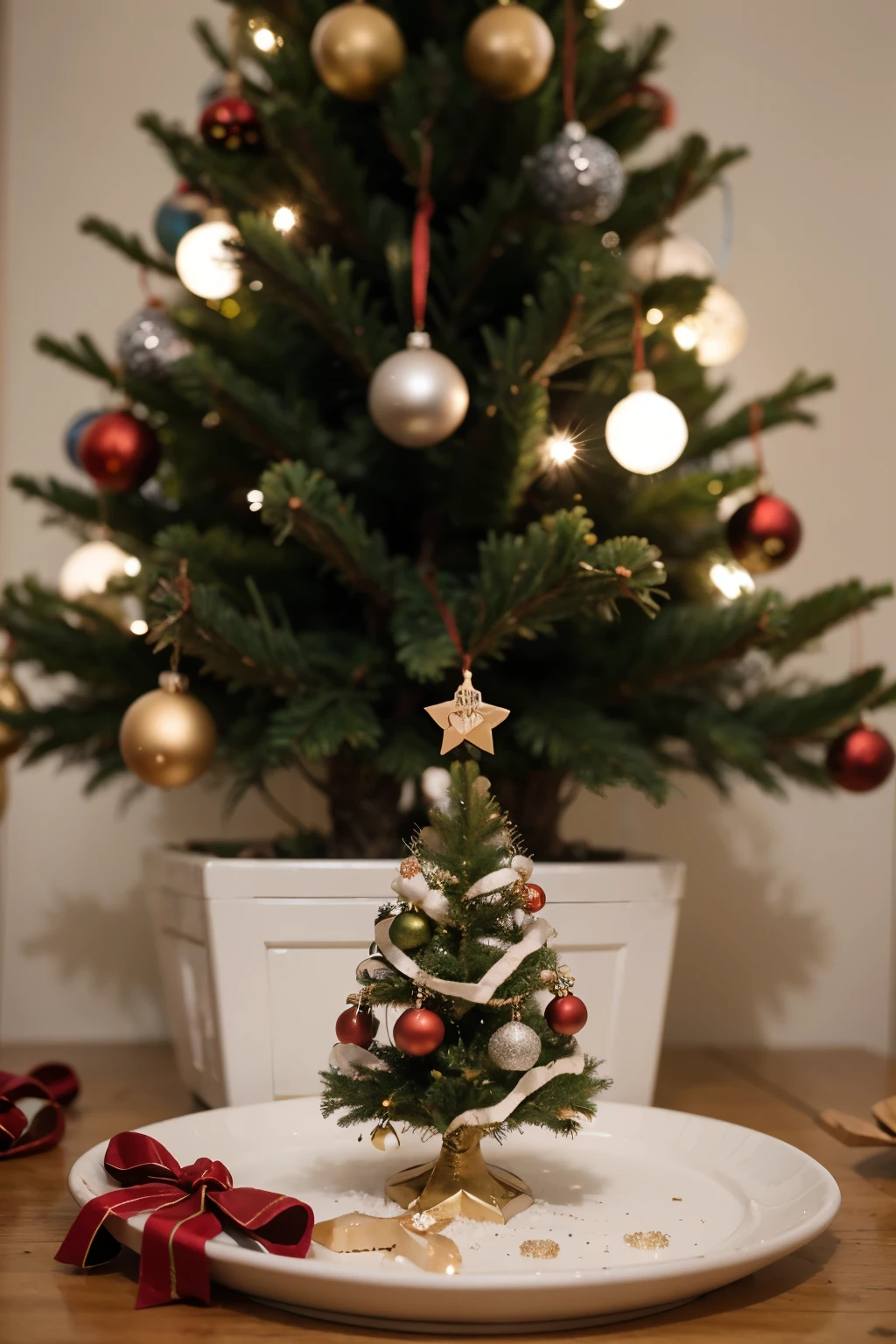 Imagine a magnificent Christmas tree filled with sparkling garlands and sparkling boules. En son sommet trône une étoile étincelante. Les branches du sapin sont décorées avec soin, chaque ornament reflecting the artisanal quality of the Geppetto menuiserie. Sur une elegant etiquette, les mots "Joyeux Noël et Joyeuse Fête" sound delicately serious, exprimant les vœux chaleureux de la menuiserie Geppetto pour cette saison festive.
