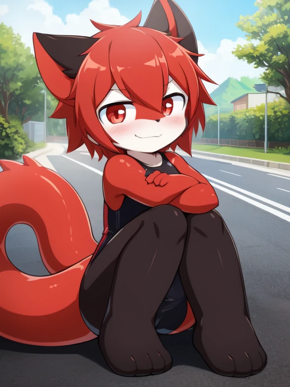Alone, Red pupils, detailed hair, young，One-piece swimsuit,Firmware version, furry anime, Bragon, very cute face, face flushed, Playful, young, detailedbackground, Detailed fanart, pixiv, digitial painting, tmasterpiece, high high quality, A high resolution，stuck in asphalt，covered with asphalt，Only the head is exposed，random colors，random species，solo portrait，The tail is in the right place，embarrassing expression
