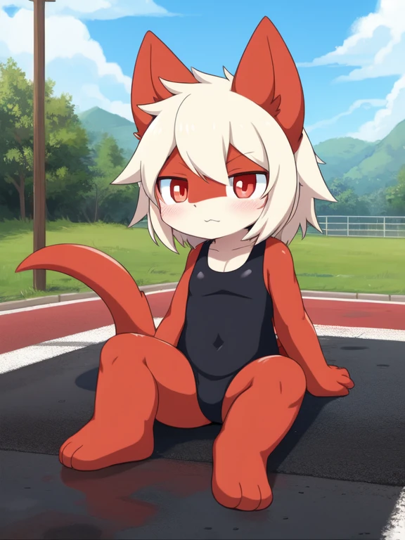 Alone, Red pupils, detailed hair, young，One-piece swimsuit,Firmware version, furry anime, Bragon, very cute face, face flushed, Playful, young, detailedbackground, Detailed fanart, pixiv, digitial painting, tmasterpiece, high high quality, A high resolution，stuck in asphalt，covered with asphalt，Only the head is exposed，random colors，random species，solo portrait，The tail is in the right place，embarrassing expression