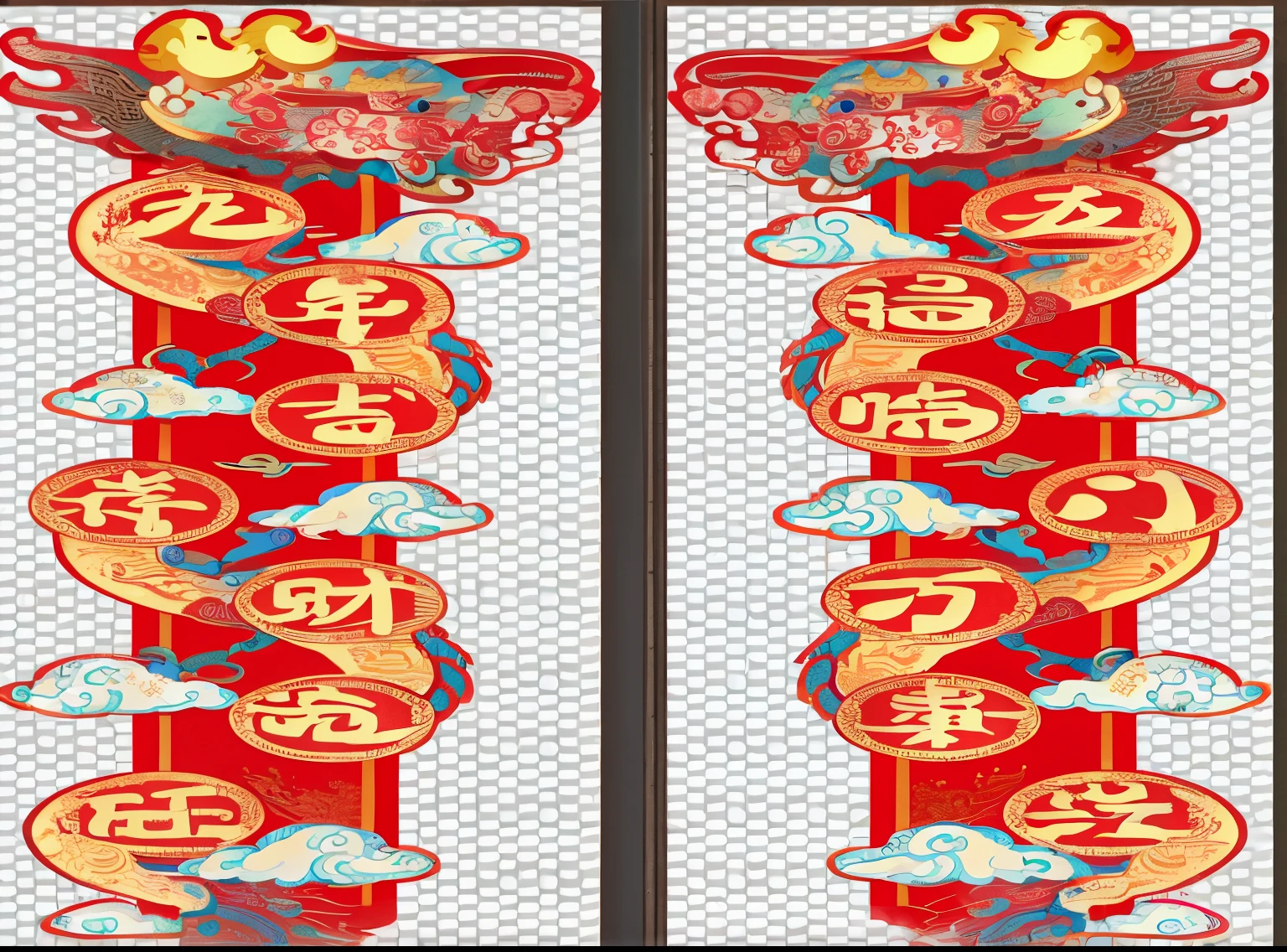 a pair of banners with chinese characters on them, red banners, Chinese, traditional Chinese textures, chinesedragon engrave, chinesedragon, golden Chinese text, dragon design language, ancient chinese ornate, smooth chinesedragon, on cheongsam, inspired by Dong Yuan, chinesedragons fighting, cloth banners, banners, chinese painting style, Inspired by Hanko Okada, Chinese text