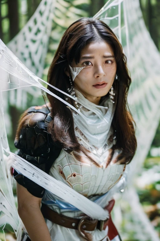 (top quality, masterpiece, 8K:1.1), beautiful, RAW photograph, (photorealistic, finely detailed, ultra high res:1.3), ((correct anatomy:1.5)), noon, summer, (middle of the forest:1.4), 1 girl, Japanese teen, 14 years old, solo, ((from front view, looking at viewer, cowboy shot:1.4)), black hair, short hair, extremely detailed skin, sweat, tan, dark eyes, highly detailed eyes, (tears:1.3), detailed nose, detailed lips, (crying:1.5), ((trapped in a giant spider's nest, arms behind back, restrained:1.5)), (slender:1.5), (beautiful breast:1.3), ((school uniform:1.1)), ((body wrapped with spider's web:1.4))