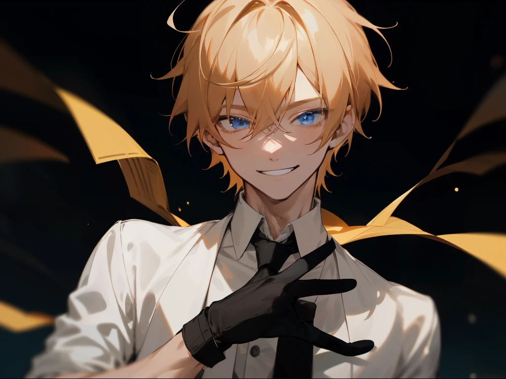 20代のmale people、,male people, 26 year old,Cool,1 male、smil,Depressive Atmosphere,Golden hair,White shirt,Black tie,Watch on left wrist,Black gloves,Blue eyes,extreme close - up,Dynamic Angle,Smiling a little,Rin remains childish々Shishi