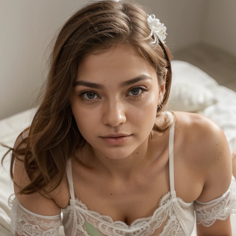 ((ultra realistic), ((master part)), ((circunstanciado)), rosto perfeito, olhos perfeitos, 20 anos, slim fit, cara bonito, Beautiful , grandes olhos azuis, olhos perfeitos, Olhos detalhados, luz natural, noite, bunda grande, humor sexy, Pose sexy, Sombra Escura, Blurry, rough skin, cabelos longos, peito grande, wearing white lace jumpsuit lingerie