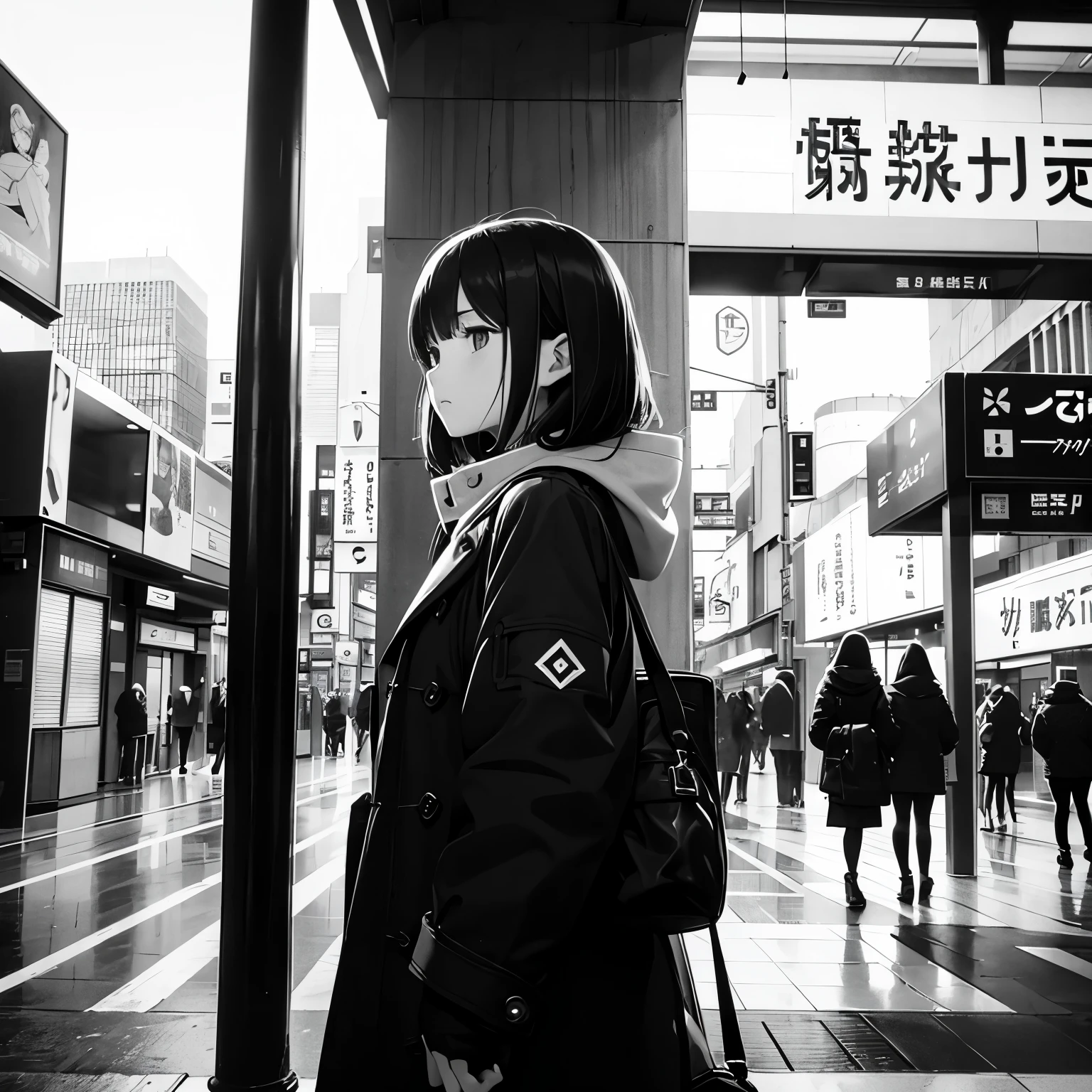 monochromes、Cartoon style、A girl waiting for her lover at the east exit of Shinjuku Station、A photo of the subject taken from a distance、Winters、gloves、long length duffel coat、A slightly angry look、leaning on a pillar、traffic jam