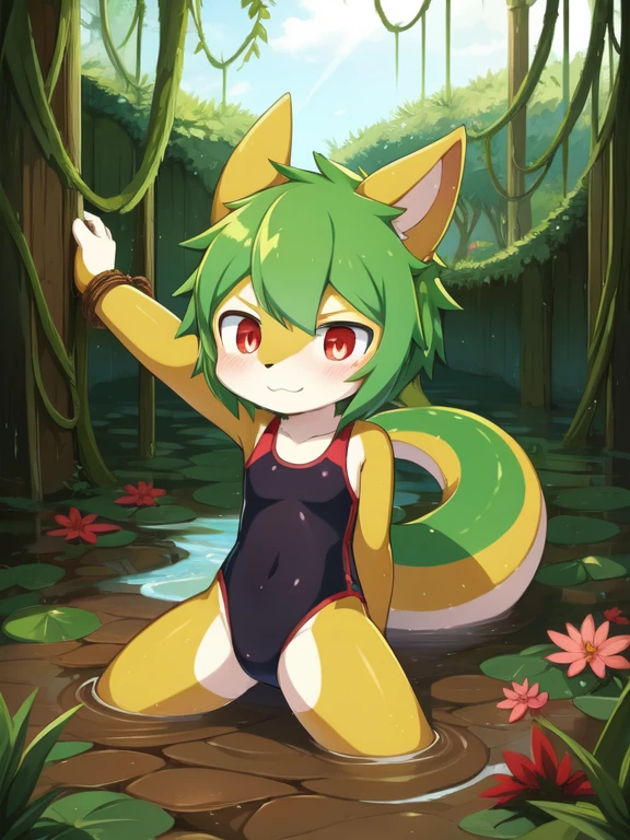 Alone, Red pupils, detailed hair, young,One-piece swimsuit,Firmware version, furry anime, Bragon, very cute face, face flushed, Playful, young, detailedbackground, Detailed fanart, pixiv, digitial painting, tmasterpiece, high high quality, A high resolution,Stuck in a swamp,covered in mud,Only the head is exposed,Bound by vines,random colors,random species,solo portrait,The tail is in the right place