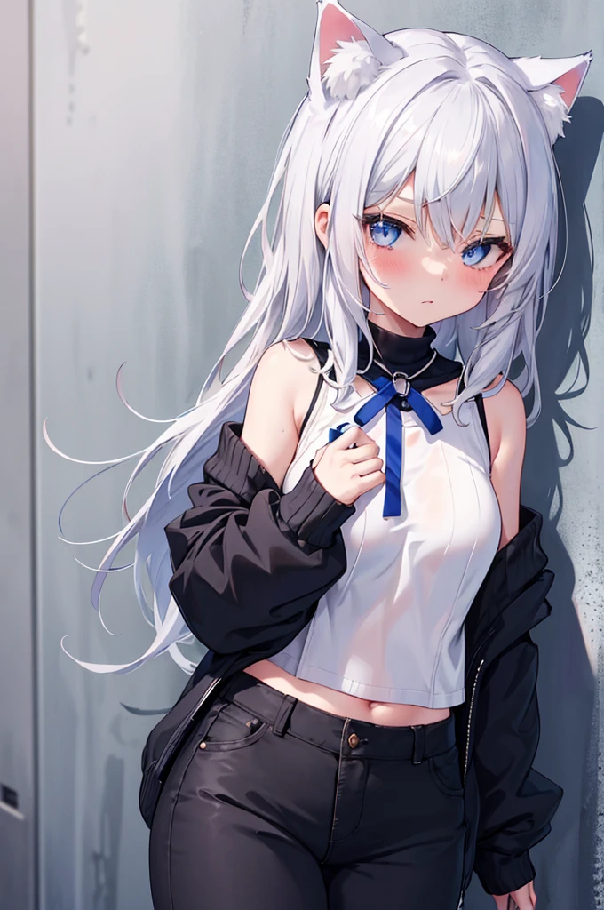 best quality, ultra precision, 1girl,  cute, little girl, young, boyish, childish, , silver hair, cat ears, blue eyes, beautiful eyes,  girl, , sailor collar, estrus, metestrus, naughty mood, she loves you, lost virgin, virgin, blush, beautiful skin, big bow on , BLUE SWEATER, BLACK SHIRT, SHIRT UNDER SWEATER, OFF SHOULDER TOP) Tsundere leaning 