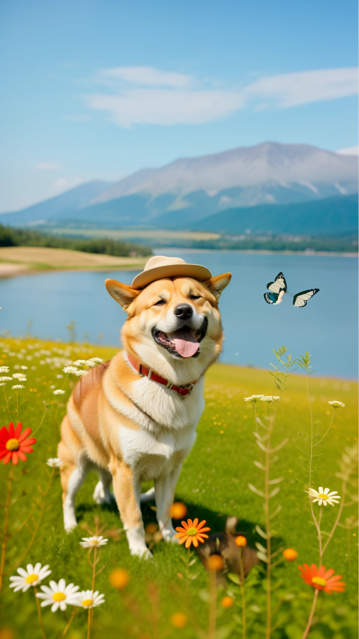 There is a dog sitting in a flower field,With a hat on, Shibuya, 拟人化Shiba dog, Shiba dog, happy dog, Shiba dog, , governor, With a hat on的动物, He was delighted, happy finnish lapphund dog, hyper realisitc, Amazing computer generated, tv commercial,globalillumination