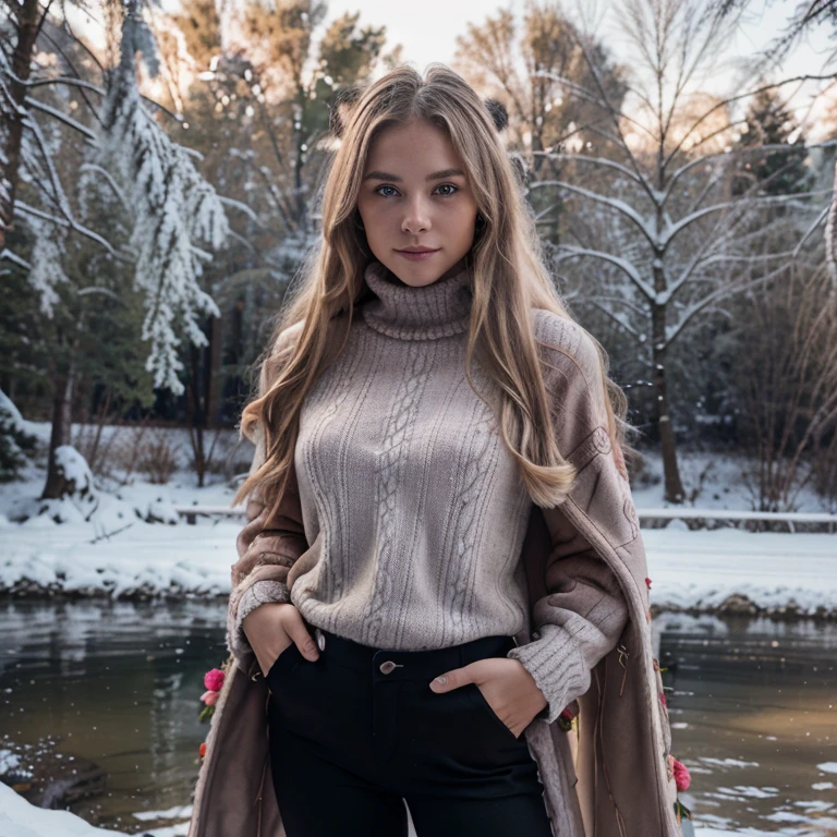 Nikon Z 85mm, Beautiful, one Petite 20-year-old supermodel, long blond hair, Bright gray eyes, ((High detailed skin, Skin Details)), Sharp Focus, 8K UHD, Digital SLR, High quality, gorgeous russian face, smiling, very realistic, ((wearing rose fur coat, and turtle neck sweater, black pants)). standing by a river. top perspective. Snow trees on background