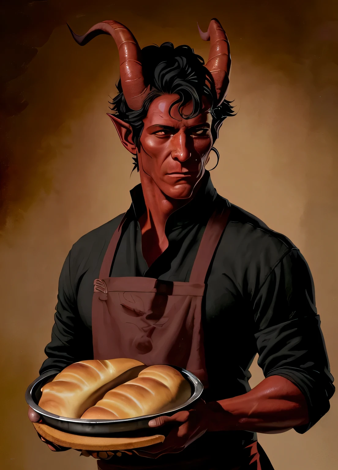 Tiefling, male, horns, male focus, solo, colored skin, red skin, chef, chef's hat, tail, shirt, portrait, closed mouth, black hair, demon, bread, black background, bakery, brick oven
, ((masterpiece, best quality)), art by greg rutkowski