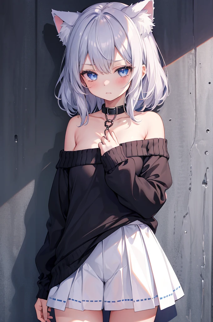 best quality, ultra precision, 1girl,  cute, little girl, young, boyish, childish, simple breasts, silver hair, cat ears, blue eyes, beautiful eyes,  girl, ecstasy, sailor collar, estrus, metestrus, naughty mood, she loves you, lost virgin, virgin, blush, beautiful skin, big bow on chest, BLUE SWEATER, BLACK SHIRT, SHIRT UNDER SWEATER, OFF SHOULDER TOP) Tsundere leaning against the wall