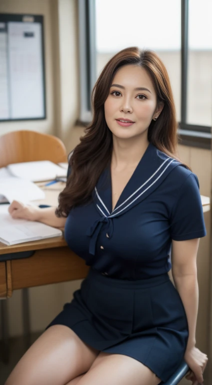 masutepiece, Best Quality, Photorealsitic, 4K, 日本人A MILF, (Solo), (((50 years old))), (Wrinkles at the corners of the eyes:1.5), (nasolabial folds:1.5), ((Large breasts)), (Saggy udder), A MILF, glamor, A sexy, Chromo-white skin, Wavy long black hair, Looking at Viewer, (((my skin is old))), ((muscles are old)), Super large udder, {white and navy sailor, uniform, neckerchief, Dark blue pleated skirt,a miniskirt}, lowfers, ssmile,Classroom, (sitting at the desk), (((opening legs))),