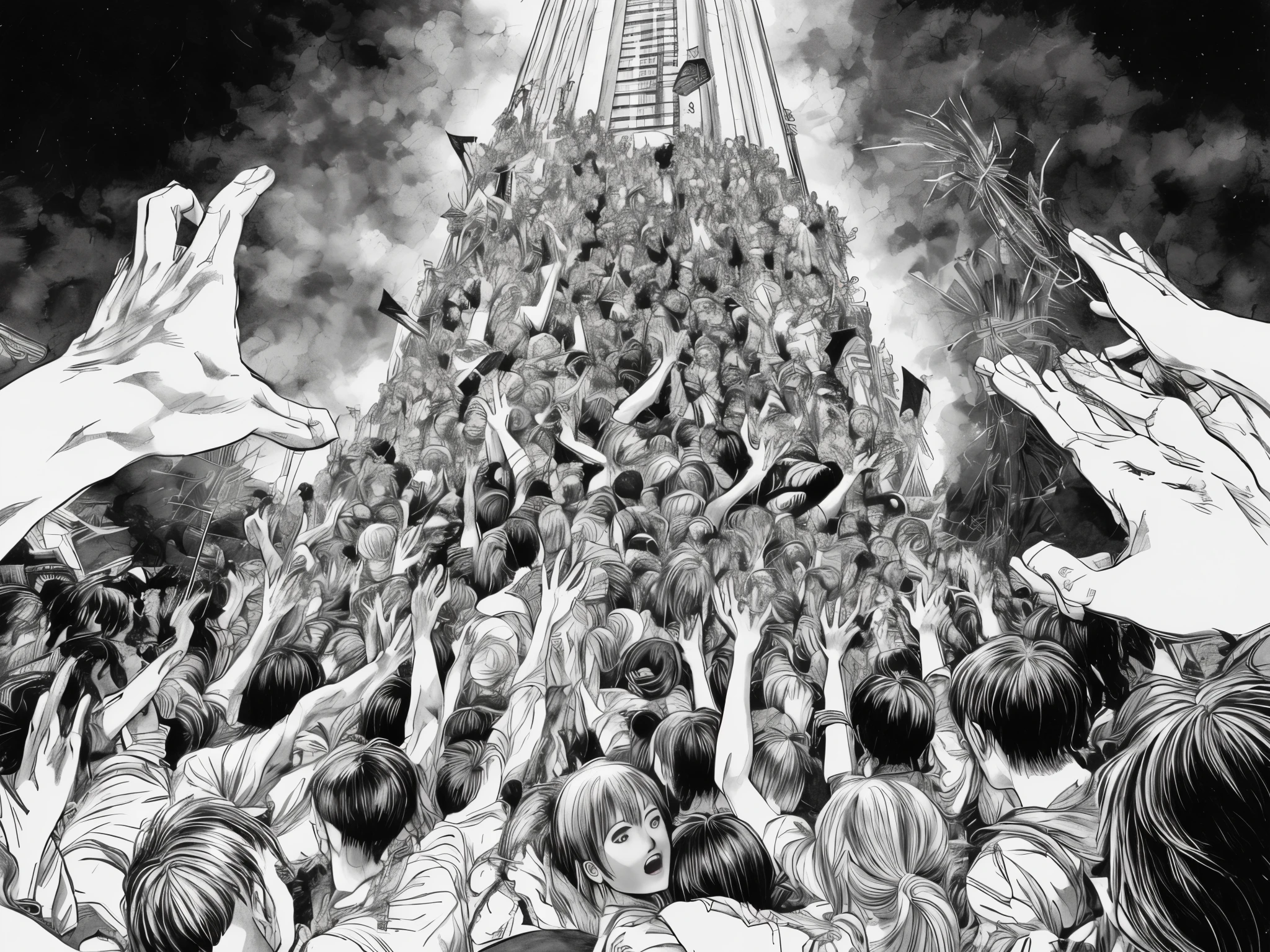 a black and white drawing of a crowd of people reaching up to a tall tower, towering giant made of zombies, in berserk manga, junji ito artwork, tsutomu nihei art, berserk manga, junji ito undertones, hyper detailed manga drawing, katsuhiro otomo and junji ito, ito junji art, by Hirohiko Araki