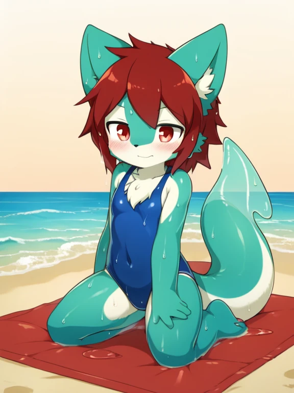 Alone, External, Red pupils,, (wet fur:1.4), detailed hair, young，One-piece swimsuit,Firmware version, furry anime, Bragon, very cute face, face flushed, Playful, young, detailedbackground, Detailed fanart, pixiv, digitial painting, tmasterpiece, high high quality, A high resolution，Kneeling in slime on the beach，Thighs covered with mucus，Swimsuit full of slime，random colors，random species，solo portrait，Foot mats，legs separated，The tail is in the right place