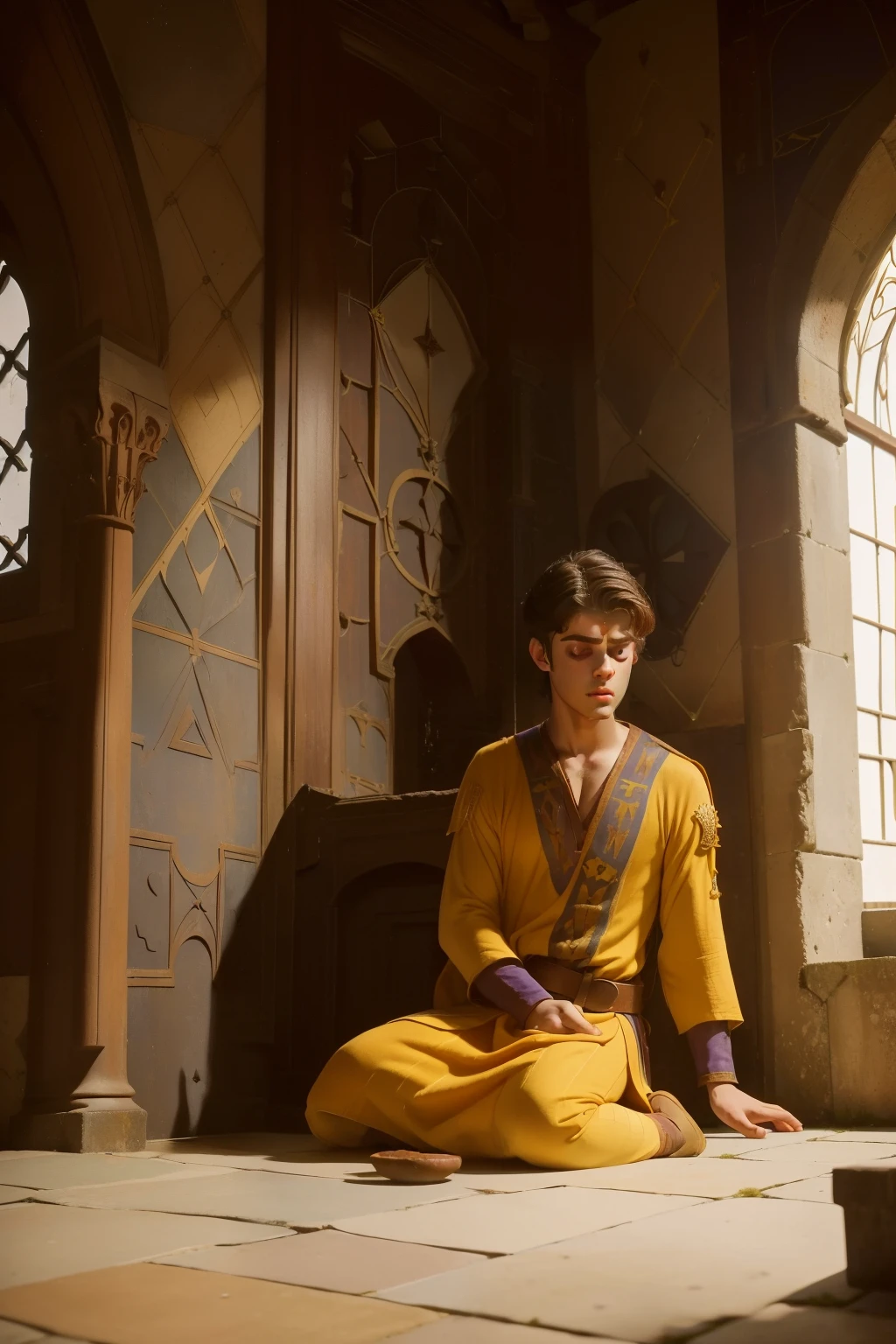 1137, Earlcastle, England. otherworldly scene in a medieval castle, ((((14-year-old)) Matthew Daddario)), sitting on the floor, ((crying in pain)), ((terrified)), ((((tunic from the 12th century)))), ((Hairstyle of the 12th century)), ((Wes Anderson cinematic style)), colorful