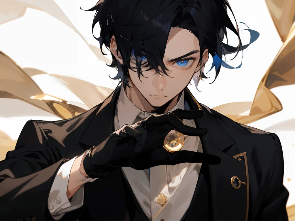 20代のmale people、,male people, 26 year old,Cool,1 male、languid atmosphere,Black hair,gold monocle on left eye,White open collar shirt,Black tie,Blue eyes,Black gloves,Watch on left wrist,extreme close - up,Dynamic Angle,
