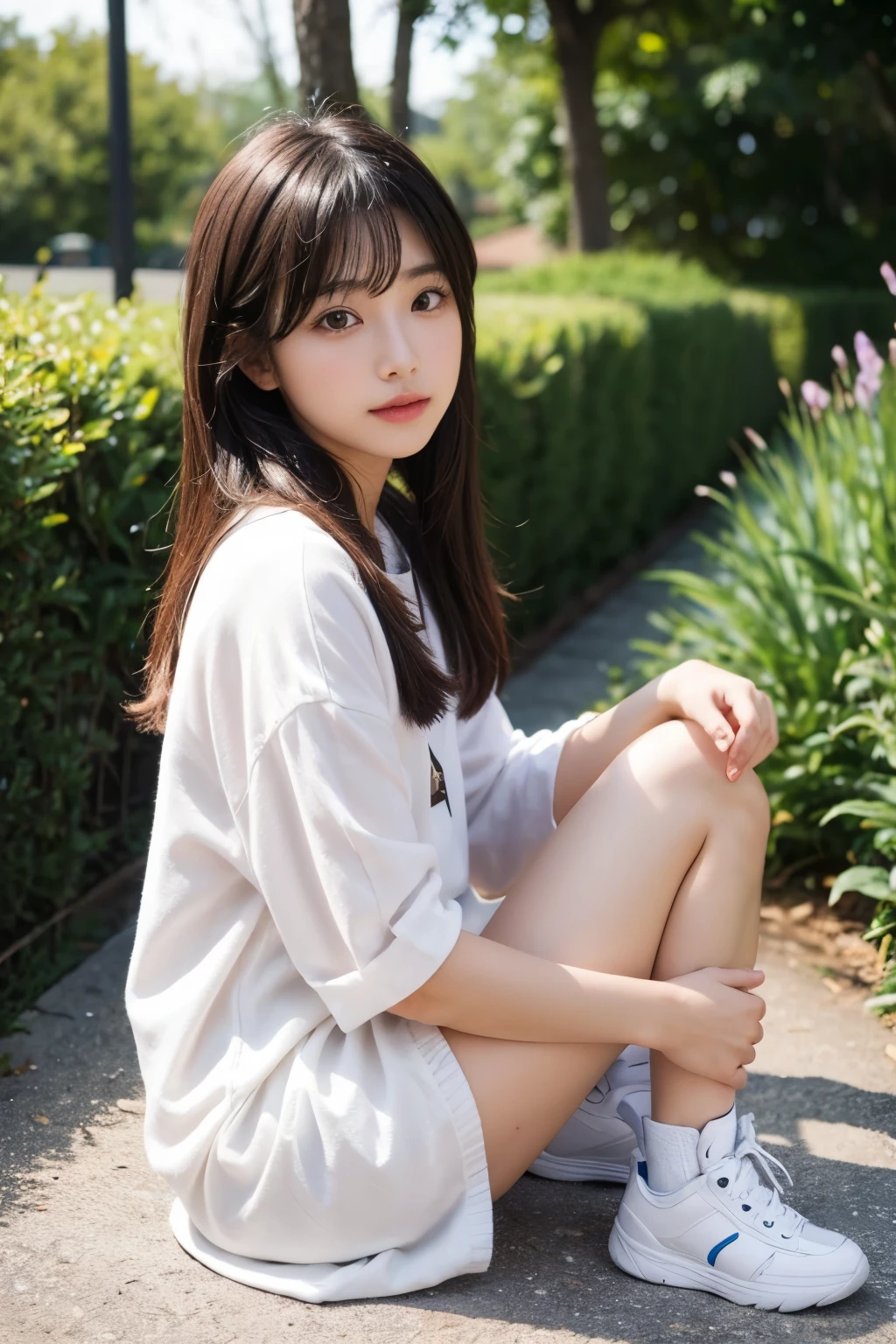{{8K picture quality:2}}、{{An ultra-high picture quality:2}}、{{Ultra-realistic}}、{{超A high resolution}}、Perfect and realistic photos、{{A Japanese Lady}}、NSFW、{{1femele}}、{{Solo}}、Brown Bob Cut、Sitting on a park bench、one leg slightly forward、Sit with your back to the backrest、View from the left、Face facing forward、POV image、surprised expression、with blush cheeks、Tilt your head slightly、Right hand above knee、Extend your left hand with your palm facing up、Light gray business suit、White blouses、Beige stockings、Silver bracelet、Don't wear socks、Black Low Heel Pumps、Park with bright sunshine