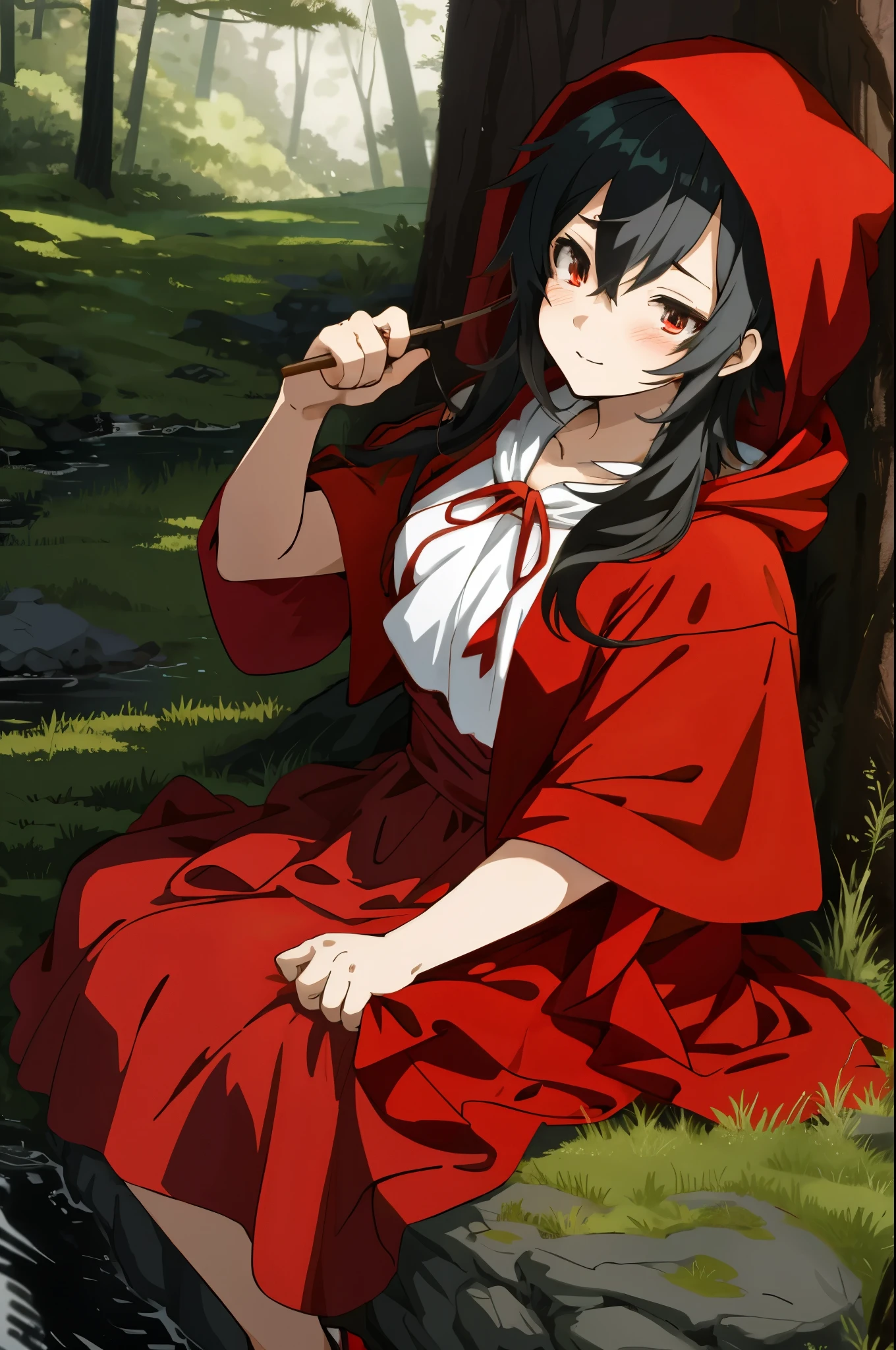 top quality, best quality, highres, unparalleled masterpiece, perfect artwork, paid reward available, anime girl in red riding hood sitting on rock in forest, an anime drawing by Shitao, pixiv, fantasy art, grayscale phtoto with red dress, red riding hood, dressed in a beautiful red cloak, little red riding hood, thief red riding hood, beautiful anime art style, high quality anime art, high quality anime artstyle, at pixiv,