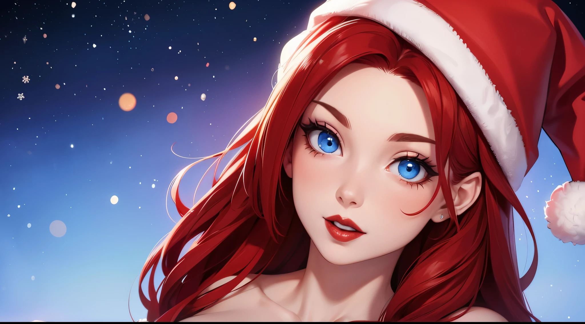 Woman, red hair, blue eyes, red lipstick, perfect face perfect shape Put on a Santa hat christmas backdrop Alluring details up to 4k