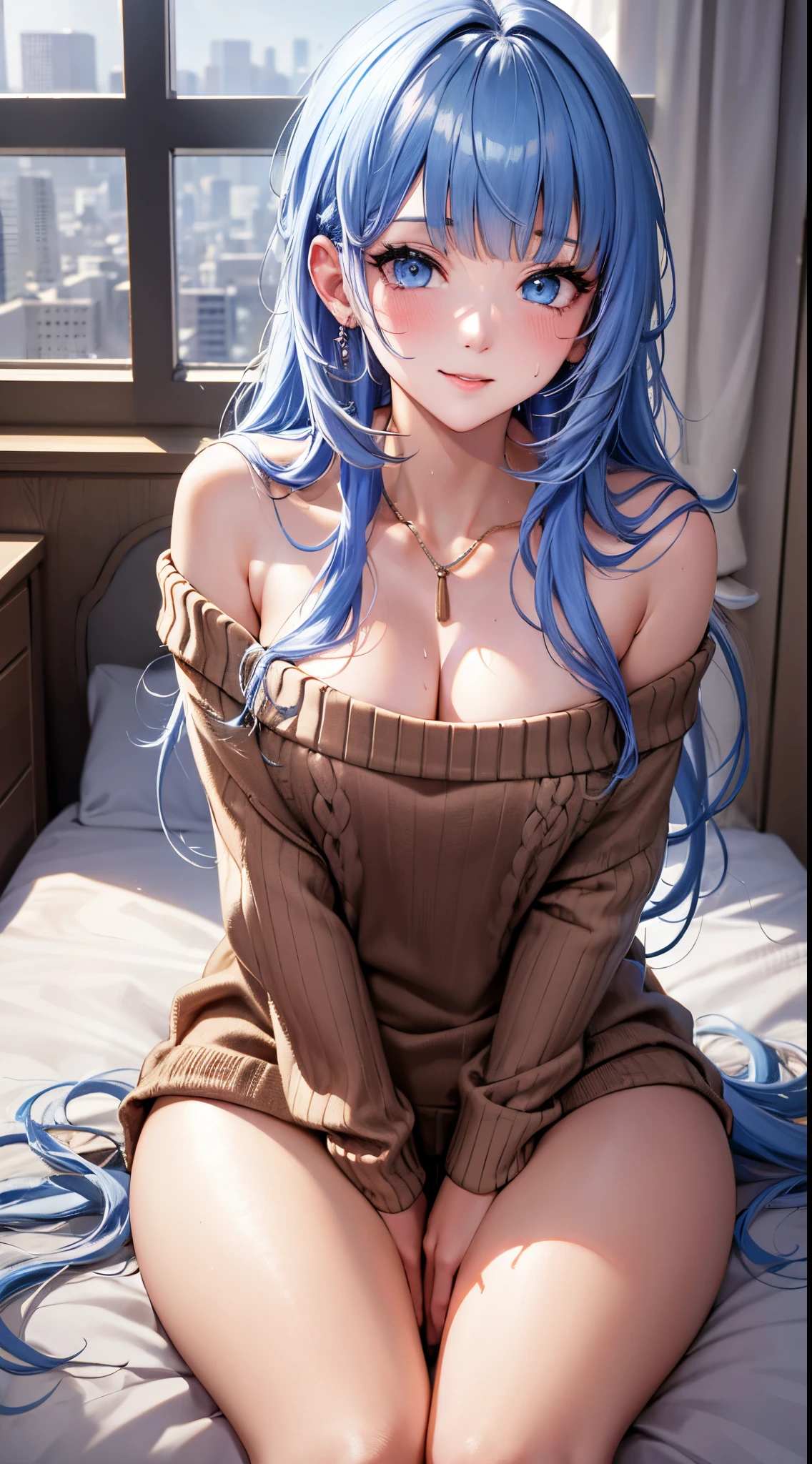 Character Details:, - Gender: 1 Girl.
- Style: Anime, - Body Type: Attractive body, slim body, nice legs, slim tights, nice arms, nice shoulders. - Breast: (Small Breast:1.1), (Cleavage), (Nipple:1.1).
- Facial Feature: Beautiful, Gorgeous, ager, Fresh, Young.
- Expression: Shy, Smile, Pink Blush on Face, Sexy Eyes, Sexy Look, (Sweating:1.4), Innocent Look, Tipsy. - Hairstyle: Blunt Bangs, Long Hair. - Hair Color: (Light Blue Hair:1.5), (Messy long Hair:1.3),
- Clothing: (Brown Sweater:1.6), (Off-Shoulder:1.3),. - Body Pose: (Sitting:1.1). - Behaviour: Waiting, Want Something, Secretly.
- Accessories: Earrings., Environmental Details:, - Setting: Bed Room., - Lighting: Natural Light., - Decoration: Modern Bed, Chair, Window, White Curtain, City View. Top view. pov, anime style, UHD, retina, masterpiece, accurate, anatomically correct, textured skin