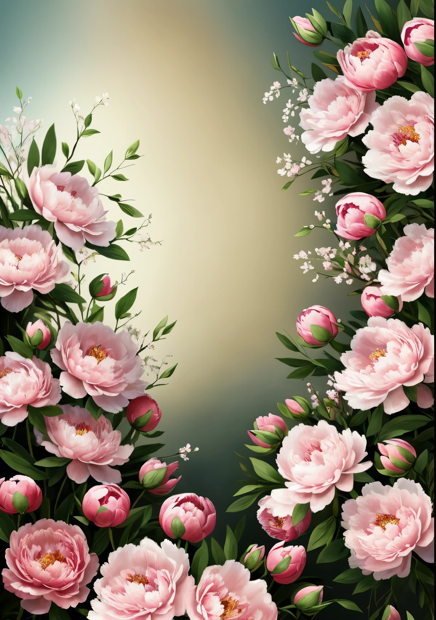 on the table there is a picture with a bouquet of flowers, Dreamy floral background, Floral painted background, background illustration, elegant digital painting, peony flowers, flower background, beautiful art uhd 4 k, Background for Baroque painting, beautiful digital painting, Lots of peonies, gorgeous digital painting, Baroque digital painting, Pastel floral background