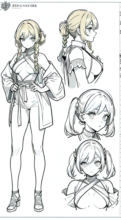 bunny ears, Squadron, Squadron costume, 80s fashion, urban pop color, (Character design sheet, front, backboob, side, same character), backboobground is , pigtails, Small, Female offspring, thick eyebrows, skinny waist, Beautiful blonde, braid, (Masterpiece), ((Highest Quality)), (Super detailed), Girl, (pretty eyes, Beautiful detailed eyes, Clean and detailed face, five fingers, textile shading, perfect anatomy,