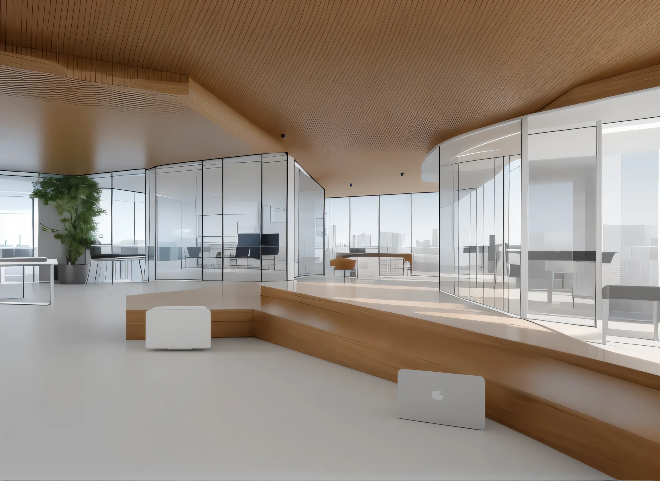 Office room，sense of science and technology，There are a lot of windows，There are 2 blue stools on the floor，, Render in 3D, Interior architectural landscape, archviz, architectural 3d render, highly photographic render, detailed archviz render, rendered with unreal engine, precise building renderinging, building rendering, Clean rendering, building rendering, Perspective 3D octane rendering, Render in V-Ray, Materials are super realistic