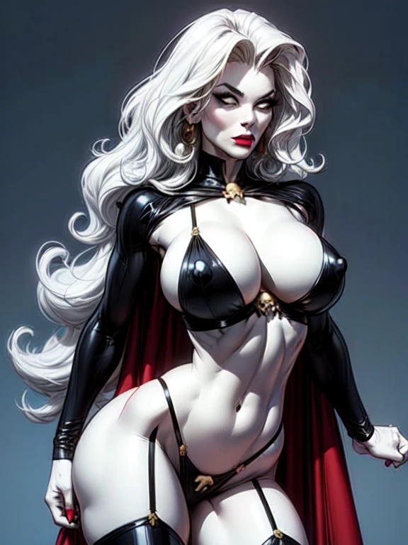 Lady_death_bikini_ facing front,power stance, mascara, blank_eyes,long hair,breasts,white hair,makeup,navel,lipstick,large breasts,wavy hair,white skin,lips,curly hair,red lips,very long hair,toned, cape, narrow_waist, curvy,pale skin, thick_eyelashes, thick eyebrows, big hair, blue background