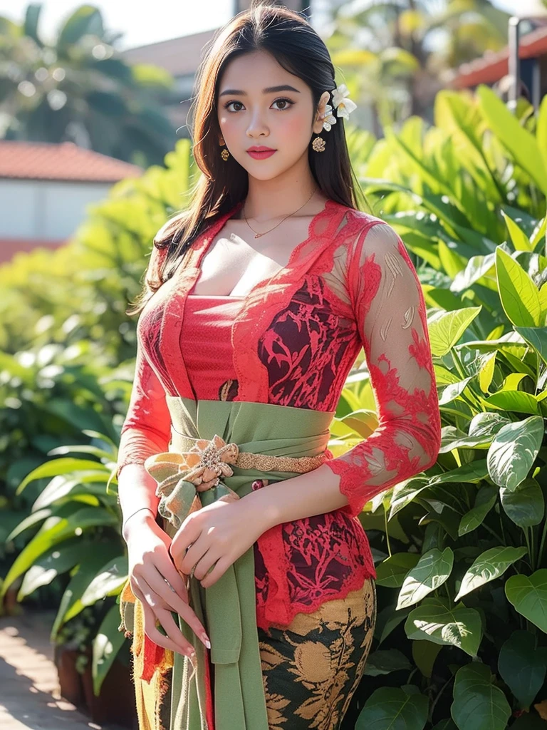 realistic beautiful babe with glowing skin and  huge boobs, upper body, wearing red kebaya, frangipani flowers on ears, slender body, brown hair, blush cheek, hyper detail, ultra detailed, best focus, best quality, garden background, 8k uhd, ultra quality, boyah