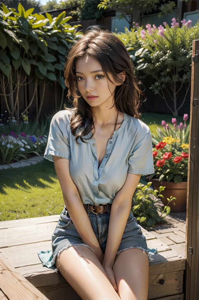 Best quality, masterpiece, ultra high res, (photorealistic:1.4), raw photo, 1girl, waist up, sitting in garden , sunligth, flower