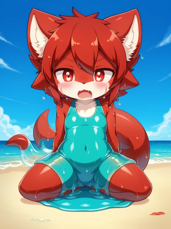 Alone, External, Red pupils,, (wet fur:1.4), detailed hair, young,One-piece swimsuit,Firmware version, furry anime, Bragon, very cute face, face flushed, Playful, young, detailedbackground, Detailed fanart, pixiv, digitial painting, tmasterpiece, high high quality, A high resolution,Kneeling in slime on the beach,Thighs covered with mucus,Swimsuit full of slime,Slime leaks out of swimsuit,Mouth full of slime,Slime enters the body,random colors,random species,solo portrait,Foot mats,legs separated,The tail is in the right place,Close your eyes,horrified expression