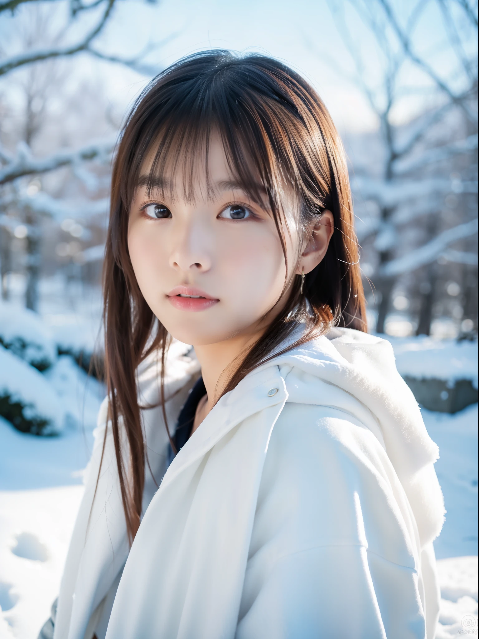ulzzang -6500-v1.1, (Raw photo:1.2), (Photorealsitic), Beautuful Women、17 age 、body shot、snowscape、