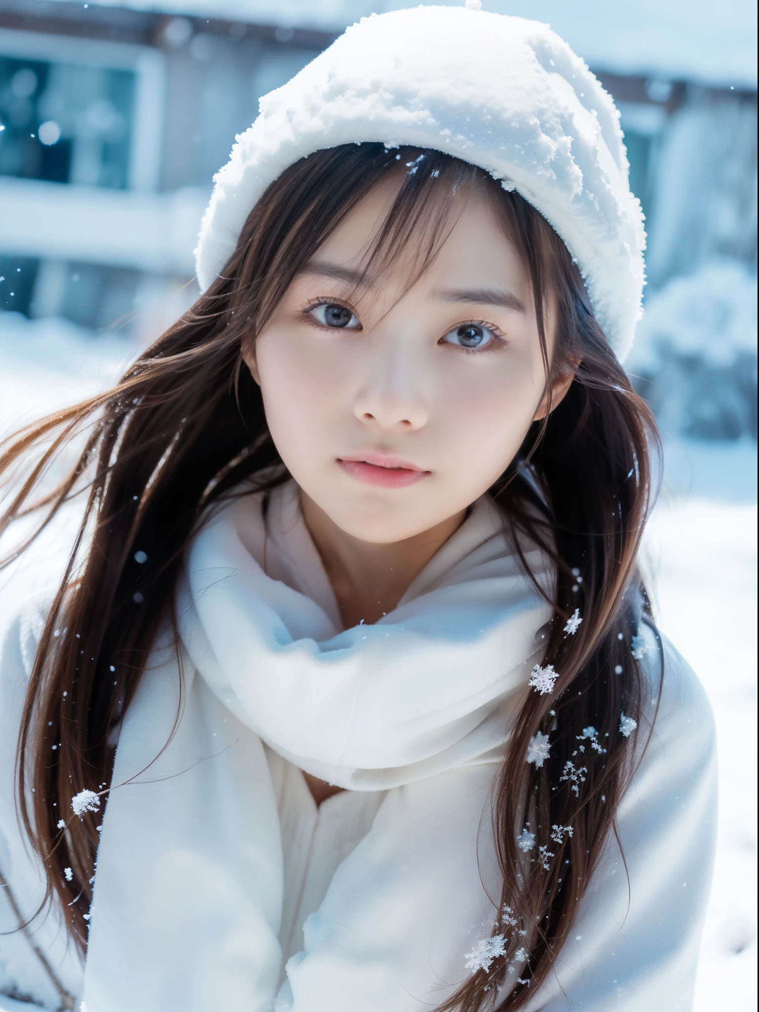 ulzzang -6500-v1.1, (Raw photo:1.2), (Photorealsitic), Beautuful Women、17 age 、body shot、snowscape、