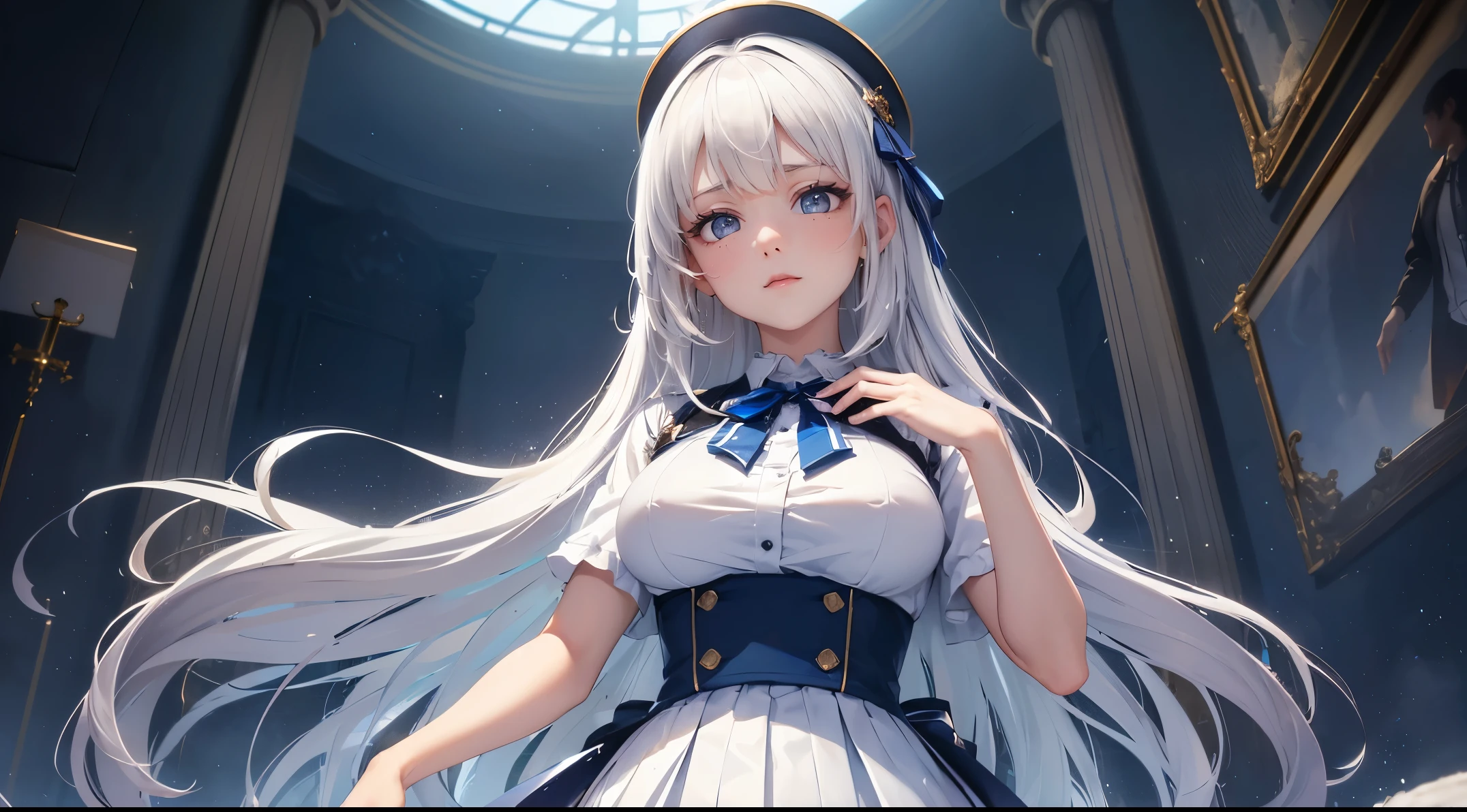 (extremely detremely detailed CG:1.2), (tmasterpiece:1.2), (Best quality at best:1.2),,((absurd res)),looking at viewert,full bodyesbian, ,(1个Giant Breast Girl),Alone,(long whitr hair),(Masseyon),(white shirt short sleeves),(navy_Pleated skirt in blue color),(long  skirt),dynamic angle,Permanent,dynamicposequisite facial features)),,