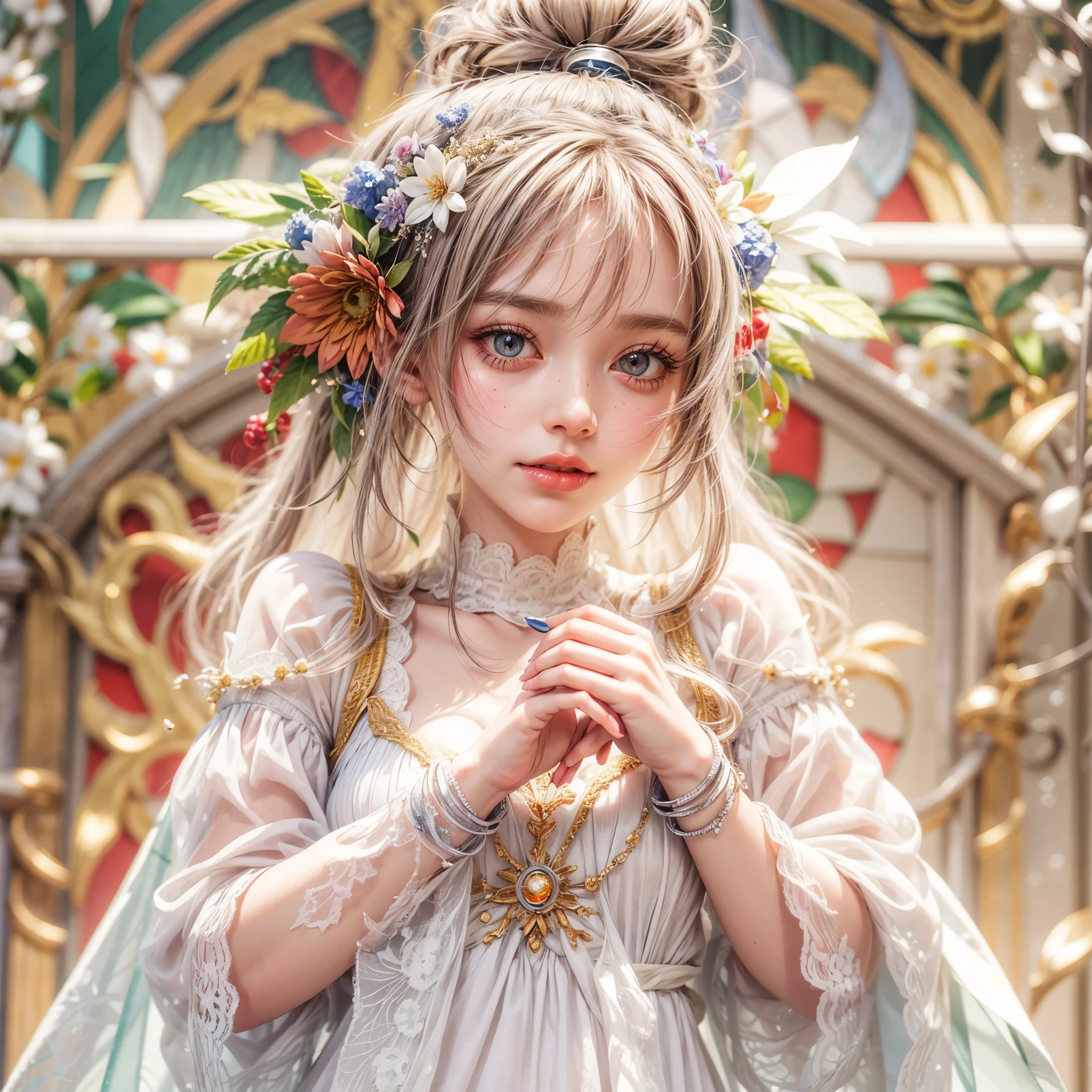 (SFW, Exposed:1.2), concept art, Tiny junior idol, Delicate lace knitted white clothes, (nipple:-0.9), (face closeup, (Dazzling stained glass Background)), (((Renbutsu Misako), vivid colorful Light shines through delicate stained glass:1.35, Dazzling Halo, Acutance:0.8)), {vivid red |Mystic sight | haze | lense Particle | lens flare | light Particle}. (masterpiece:1.2),(ultra-detailed:1.37),((realistic,photorealistic,photo-realistic:1.37)), (Extremely detailed KAWAII face variations, innocent expression variations), {rosy cheeks | intricate detailed eyes with sparkling highlights | long eyelashes with volume | subtle blush on the face}. impeccable skin texture, captivating gaze, ((Dynamic-angle, physically-based rendering)), whole Body proportions and all limbs are anatomically accurate . full of flowers covering girl's body .