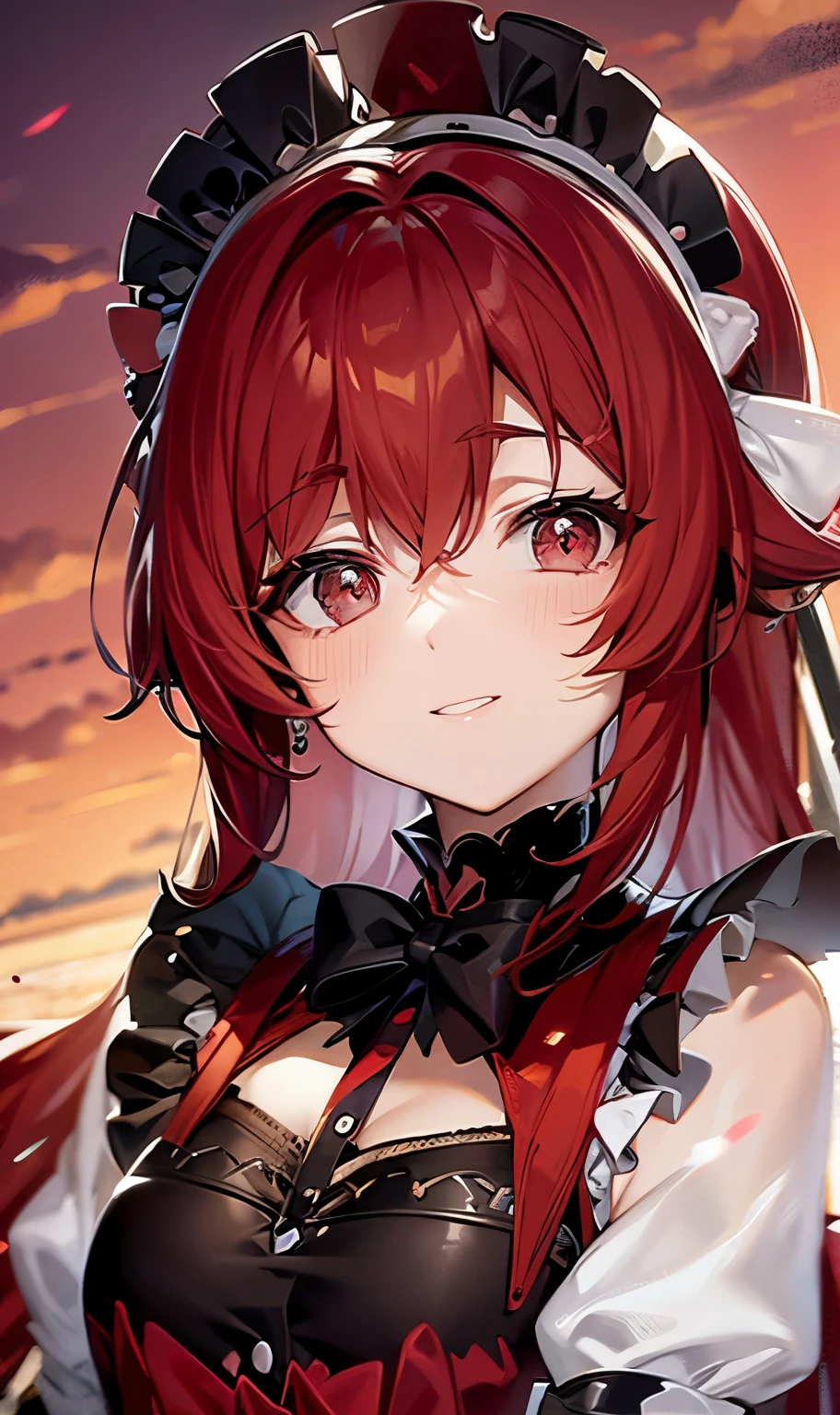 (masterpiece, best quality:1.2), half body shot, solo, female focus, 1girl, eris greyrat, red hair, red eyes, formal dress, sexy female, , grin, looking at viewer