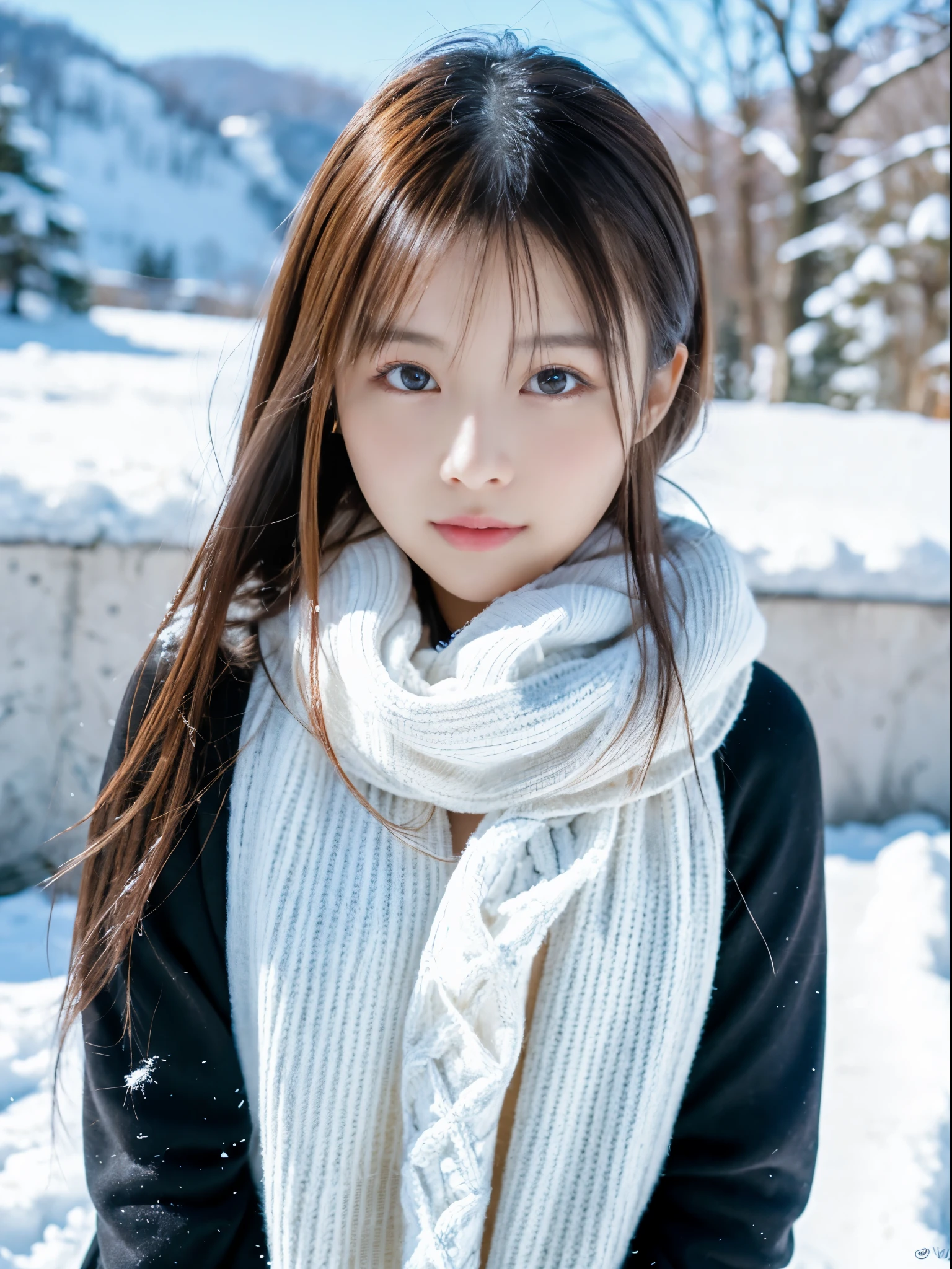 ulzzang -6500-v1.1, (Raw photo:1.2), (Photorealsitic), Beautuful Women、17 age 、body shot、snowscape、