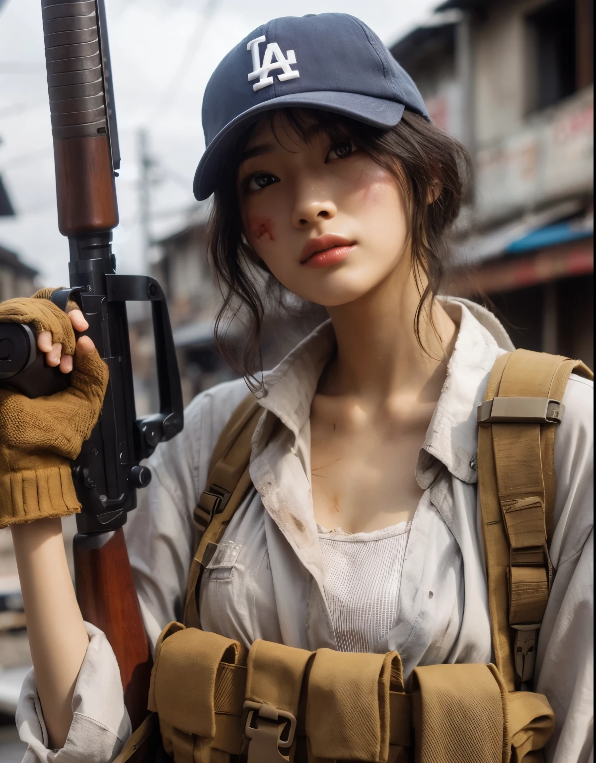 Photorealsitic、realistic skin textures、automatic rifle、wounds