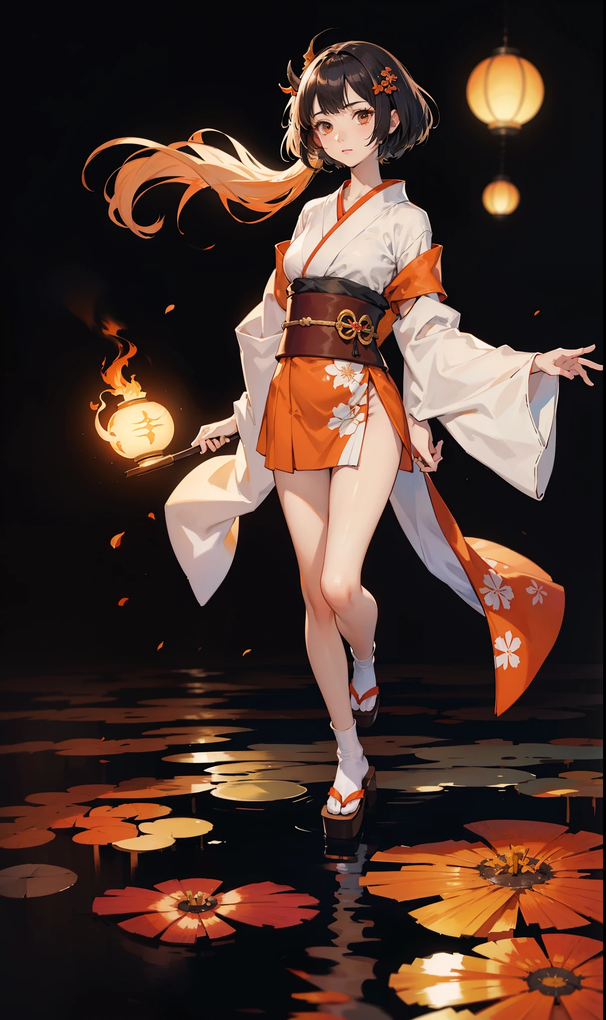 extremely detailed CG unity 8k wallpaper, realistic, (1girl, solo), (full body, slim body), light orange kimono, long legs, (Japanese clogs, white socks), (black short hair, shaggy hair), light orange Oni horns, dark brown eyes, (contemptuous, disdain), standing on the wooden stakes, (pond, ray chase, reflection), laurels, top view