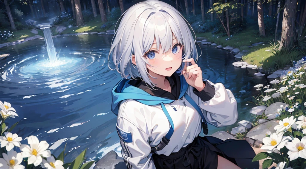 Ultra-high image quality,Look at viewers, hands behind back, girl with, 20 years old, Very short hair, long bangs between eyes, blue eyess,Black eyes, Hoodie, Skirt , Extremely detailed,(masterpiece、top-quality),White hair、A smile、Fantastical, Silver hair,, Hoodie, White hoodie,a black skirt,Hair is short,White jacket, Casual style,Open jacket, Cowboy Shot、Fluttering hair、a small face、Bright smile、(Detailed face) ,profetional lighting,fantastic landscape,Blue sky, Sunlight,look down from above,portraitures、open open mouth、facing front、fountain in the forest、flower field、Upper body only、snowscape
