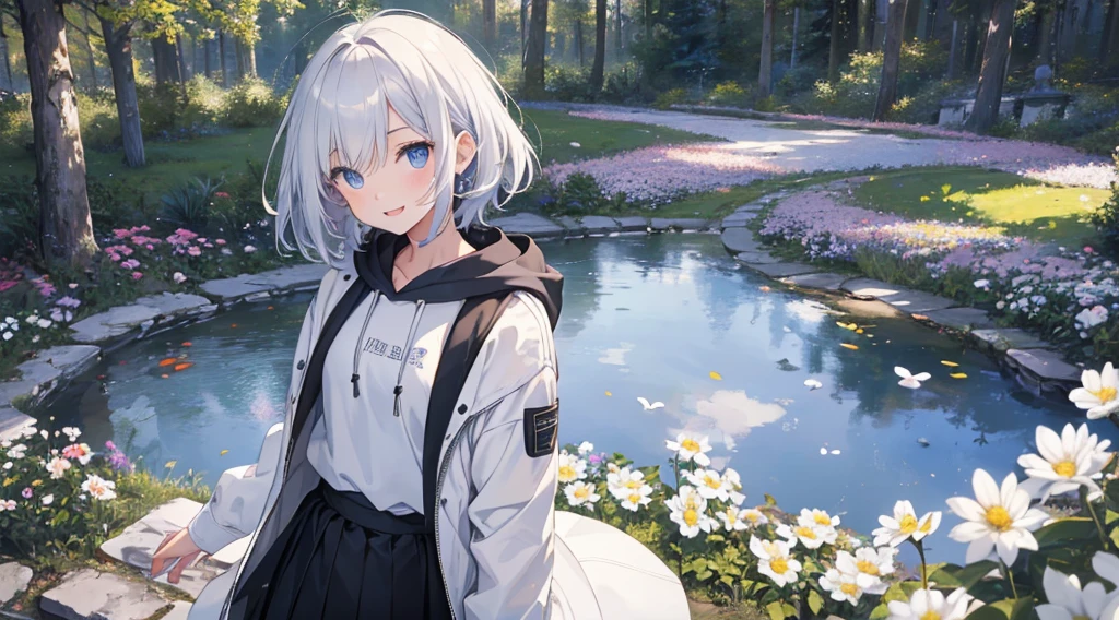 Ultra-high image quality,Look at viewers, hands behind back, girl with, 20 years old, Very short hair, long bangs between eyes, blue eyess,Black eyes, Hoodie, Skirt , Extremely detailed,(​masterpiece、top-quality),White hair、A smile、Fantastical, Silver hair,,  Hoodie, White hoodie,a black skirt,Hair is short,White jacket, Casual style,Open jacket,  Cowboy Shot、Fluttering hair、a small face、Bright smile、(Detailed face) ,profetional lighting,fantastic landscape,Blue sky, Sunlight,look down from above,portraitures、open open mouth、facing front、fountain in the forest、flower  field、Upper body only、snowscape