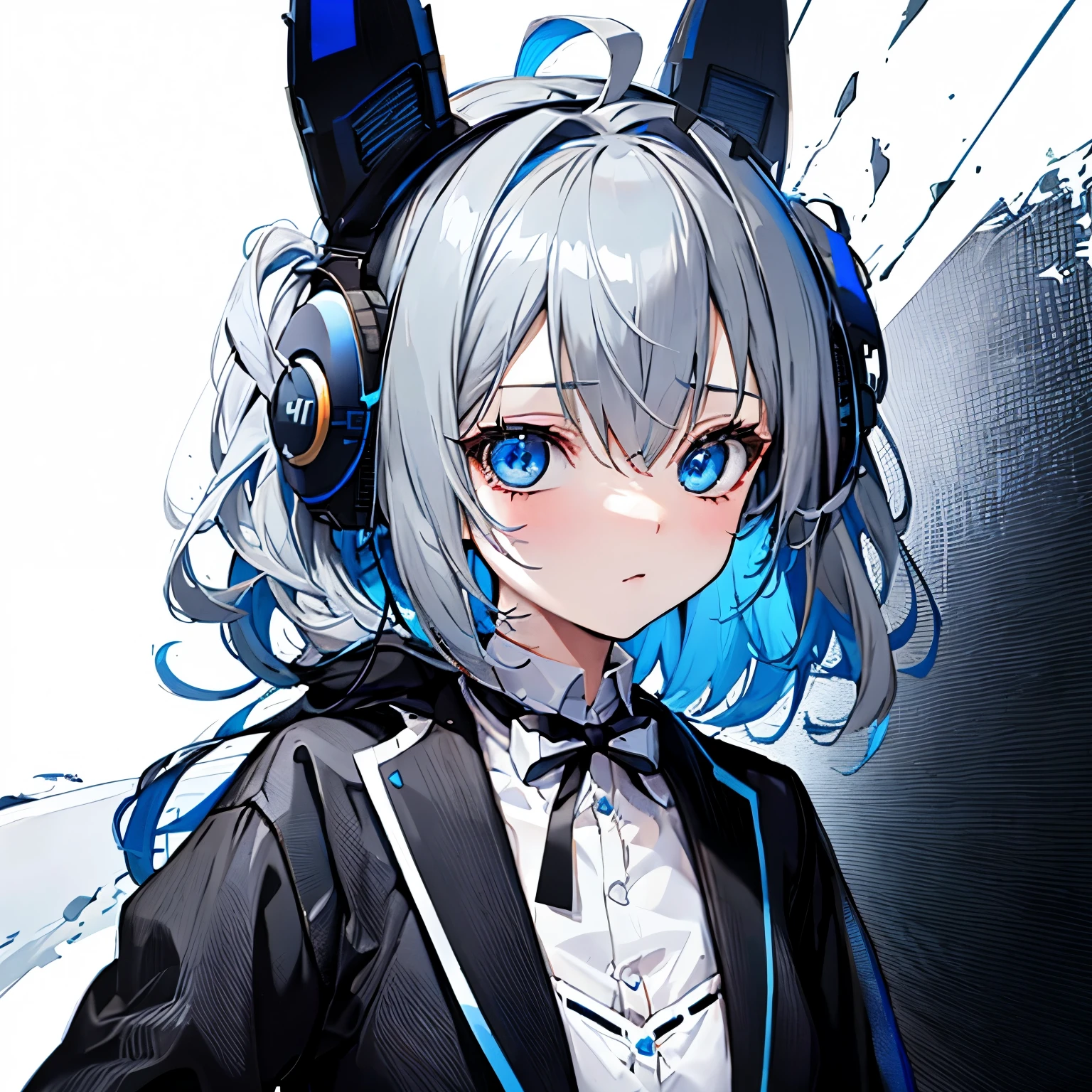 【Highest Quality, masutepiece】 [1 girl in,expressioness, blue hair ,Blue eyes,headphone,mechanical rabbit ears, ] (Gray white background:1.3),
