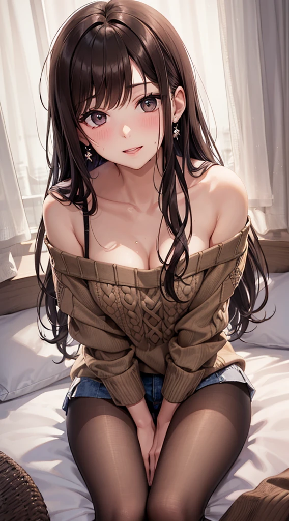 Character Details:, - Gender: 1 Girl. - Style: Anime, - Body Type: Attractive body, slim body, nice legs, slim tights, nice arms, nice shoulders. - Breast: (Small Breast:1.1), (Cleavage), (Nipple). - Facial Feature: Beautiful, Gorgeous, Teenager, Fresh, Young. - Expression: Shy, Smile, Pink Blush on Face, Sleepy, Sexy Eyes, Sexy Look, (Sweating:1.3), Innocent Look, Tipsy. - Hairstyle: Blunt Bangs, Long Hair. (Messy long Hair:1.3), - Clothing: (Light Brown Sweater:1.6), (Off-Shoulder:1.3),. - Body Pose: (Sitting:1.1), (Licking Banana:1.2). - Behaviour: Waiting, Want Something, Secretly. - Accessories: Earrings., Environmental Details:, - Setting: Bed Room., - Lighting: Natural Light, - Decoration: Modern Bed, Chair, Window, White Curtain, City View. Top view. pov, anime style, UHD, retina, masterpiece, accurate, anatomically correct, texture