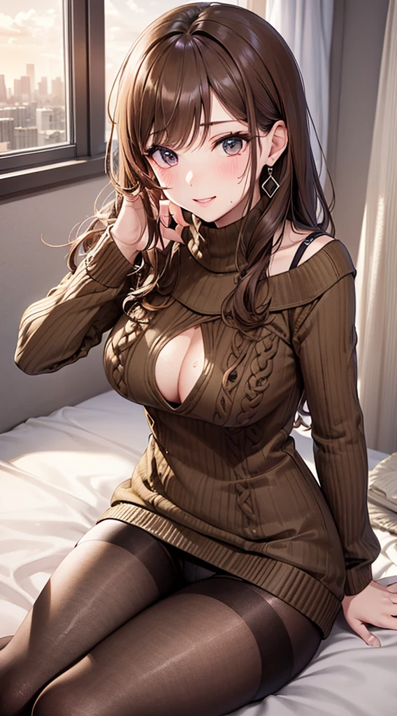 Character Details:, - Gender: 1 Girl.
- Style: Anime, - Body Type: Attractive body, slim body, nice legs, slim tights, nice arms, nice shoulders. - Breast: (Small Breast:1.1), (Cleavage), (Nipple).
- Facial Feature: Beautiful, Gorgeous, ager, Fresh, Young.
- Expression: Shy, Smile, Pink Blush on Face, Sleepy, Sexy Eyes, Sexy Look, (Sweating:1.3), Innocent Look, Tipsy. - Hairstyle: Blunt Bangs, Long Hair. (Messy long Hair:1.3),
- Clothing: (Light Brown Sweater:1.6), (Off-Shoulder:1.3),. - Body Pose: (Sitting:1.1). - Behaviour: Waiting, Want Something, Secretly.
- Accessories: Earrings., Environmental Details:, - Setting: Bed Room., - Lighting: Natural Light, - Decoration: Modern Bed, Chair, Window, White Curtain, City View. Top view. pov, anime style, UHD, retina, masterpiece, accurate, anatomically correct, texture