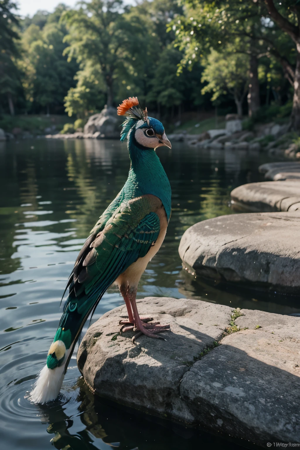 Realistic 3D images, beautiful colorful peacocks. Pink flowers adorned its delicate tails, standing gracefully on the rocks. and the background is a lake and green trees. Unreal Engine 5, high quality, close-up, depth of field, uhd, 8K, studio lights, high details, 1080 HD, bright