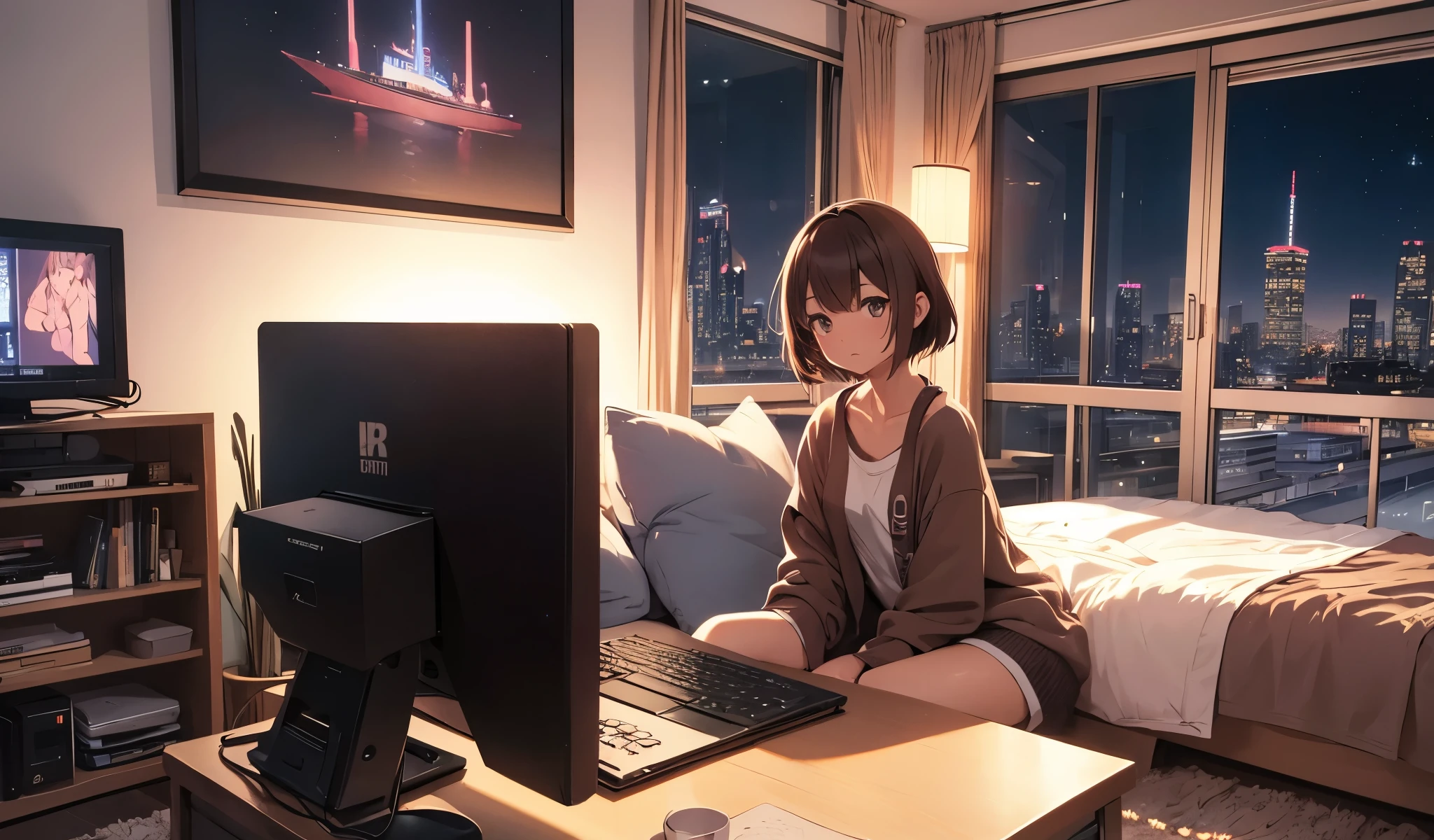 (Ultra-detailed), Girl in front of computer in cozy bedroom, (Night), in a rooftop, (Beautiful night view from the window), lots of things, Short brown hair, 2D Anime Style, The aesthetics of anime in 0s, lo fi, Highly detailed, hard disk, Anime style mixed with film, Hyper realistic, Best Quality, 8K, masutepiece, High resolution