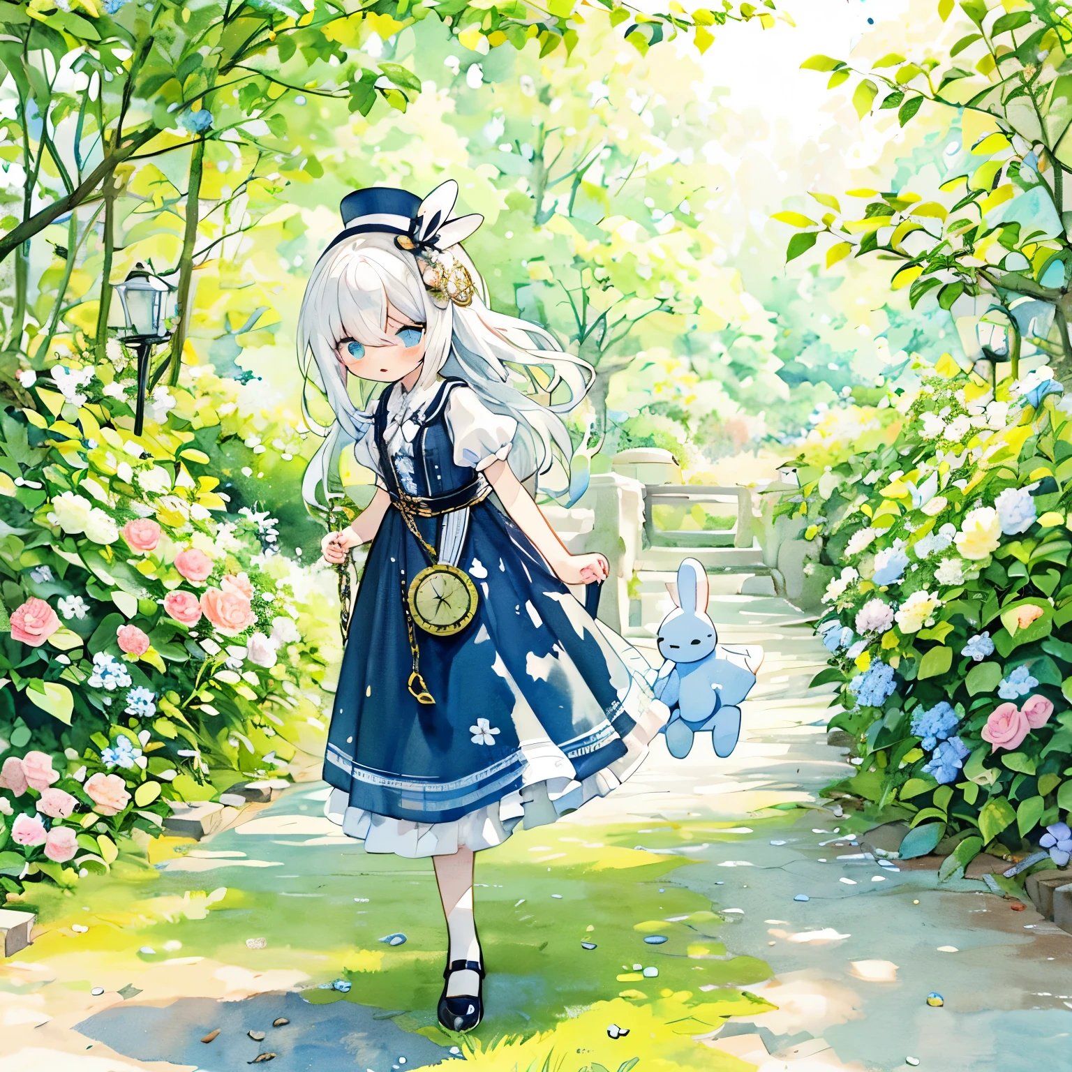 (PastelColors:1.3)、(Cute illustration:1.3)、(watercolor paiting:1.1), Girl with white hair,Hair of medium length、Impatient、run、girl rabbit、Hold the bouncing hat down with one hand、Solo Illustration、(Deacon service)、knee length trousers、Alice in Wonderland Rabbit、(wear a gold pocket watch on your waist)、chain attached to pocket watch、innocent、childish、Beautifully detailed、Moya、colourfull、marble、Particles of light、Pattern ROM side、white small cute flowers、Beautiful scenery、lawn、Attach rabbit ears to head、very small top hat hair ornament、Open mouth and flustered expression、runポーズ、up illustration、looks to the side、A look of surprise、Hurry、Troubled eyebrows、little alice reflected in the background