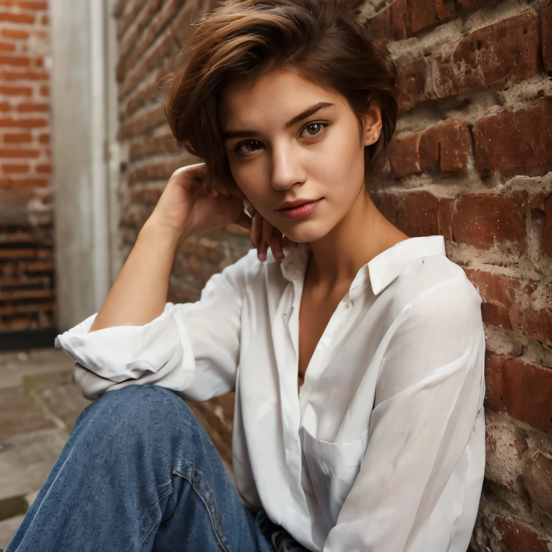 A woman wearing a white shirt sits next to a brick wall.
